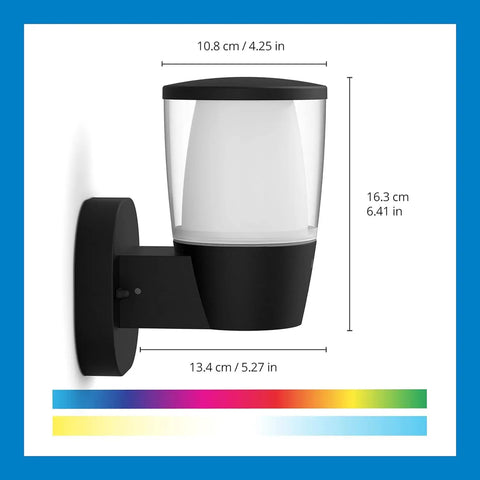 Smart Outdoor LED Porch Light With 16 Million Colors, No Hub Needed, Works With Alexa And Google Assistant, Bluetooth Ready, 950 Lumens, Easy Setup Via WiFi, 1 Pack shown with dimensions and color options.