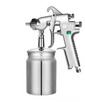 Pro Crew Grade Pneumatic Paint Sprayer Equipped With 1.3 Mm Atomizing Nozzle And Gravity Lower Tank Complete Kit, silver spray gun with gravity feed cup.
