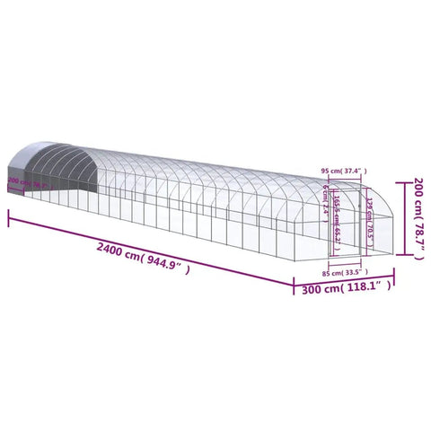 Diagram of spacious outdoor chicken coop with galvanized steel frame, UV resistant roof, heavy duty and secure hen house, 118 x 118 x 79 inches.