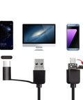 Black USB charging cable with dual connectors compatible with smartphones and computers.
