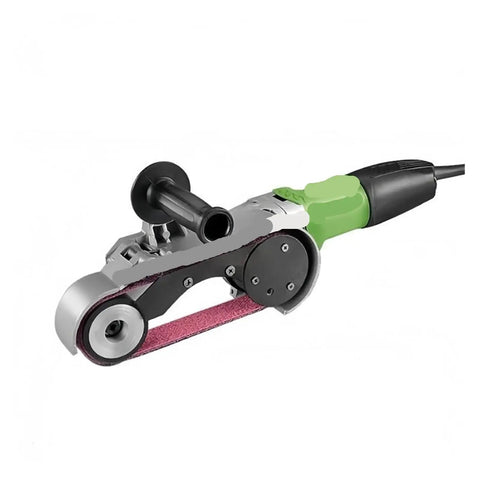 Handheld Electric Belt Sander Metal Pipe Tubing Circular Grinder Polish Tool Kicks Away Gnarly Rust And Weld Scars Fast close-up view with ergonomic design.