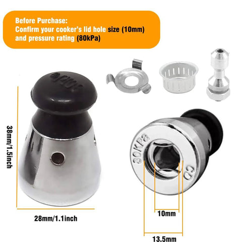 Universal pressure cooker valve replacement kit with exhaust rod, regulator weight; chrome-plated metal components.