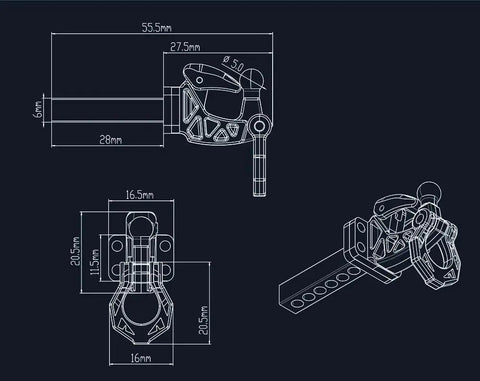 Technical drawing of Beefy Metal Adjustable RC Trailer Hitch Tow Hook For 1 By 8 And 1 By 10 Scale Crawlers Ready To Roll TRX4 SCX10 KM Tank