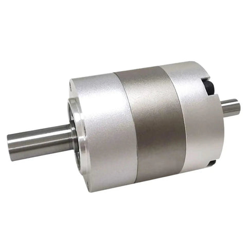 No Nonsense 60 Mm Double Shaft Planetary Reduction Gearbox PLS60 Servo Motor Speed Reducer Assembly close-up with silver alloy finish.