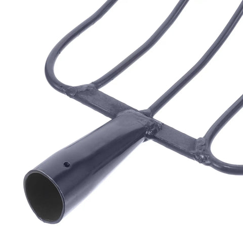 Close-up of heavy duty versatile manure fork with solid design, sturdy steel tines for outdoor farming and gardening tasks