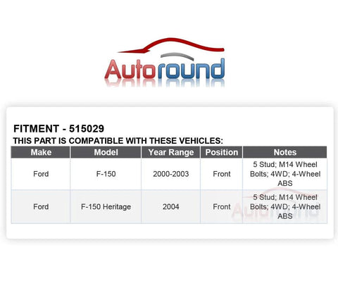 Fitment chart for Beefy Front Wheel Hub And Bearing Assembly 515029 For 4x4 Ford F-150 2000-2003 And Heritage 2004 With 5 Lug And 4 Wheel ABS 4WD Ready Drop-In Replacement.
