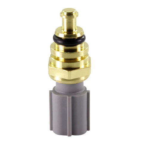 Coolant temperature sensor with brass body and gray plastic connector, close-up view