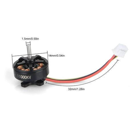 Four 1103 11000KV Brushless FPV Motors For 2S RC Drones, lightweight 3.25g, side view with dimensions, wiring detail shown