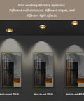 3 Inch Recessed Led Can Lights Solid Brass Eyeball Spotlight 30 Degree Rotatable Downlight Kit showing light effects at different wall distances.