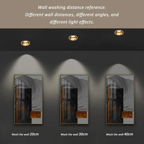 3 Inch Recessed Led Can Lights Solid Brass Eyeball Spotlight 30 Degree Rotatable Downlight Kit showing light effects at different wall distances.