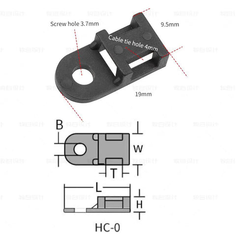 Diagram and dimensions of a cable tie mount from 60 Piece Cable Zip Tie Mounts Kit With 6 Inch Black Zip Ties, Black Tie Bases.