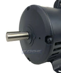 Close-up of Top Shelf 7.5 Hp Electric Motor Replacement For One Phase Air Compressor 184T frame, showcasing steel shaft and casing details.