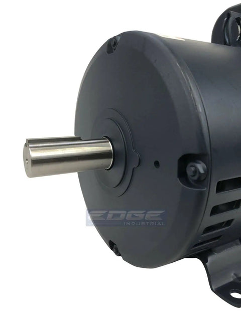 Close-up of Top Shelf 7.5 Hp Electric Motor Replacement For One Phase Air Compressor 184T frame, showcasing steel shaft and casing details.