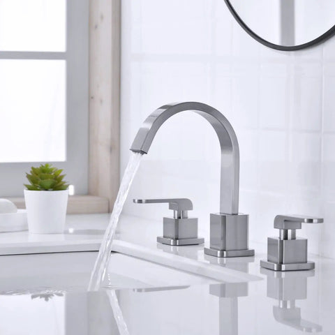 Widespread 8 Inch Bathroom Faucet With Brushed Nickel Finish 3 Hole Square Sink Faucet Overflow Pop Up Drain CUPC Supply Lines Ceramic Cartridge Modern Waterfall Swivel Spout