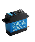 Premium Badass 30KG Digital Coreless Servo Motor Delivering Straight Fire High Torque And Knockout 180 Degree Steering Gear For RC Cars And Hobby Builds, side view showing black and blue design.