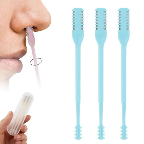 2 In 1 Nose Hair Cutter And Ear Picker Set With 360 Degree Rotation Slick Safe Trimming Dual Blade Manual Nasal Grooming Tool Soft Cleaning Brush For Men And Women Blue 3 Pieces displayed with pink tool in use