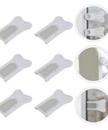 Six Pack Childproof Sliding Door Locks With Adhesive Mounting for cabinets, windows, and doors. White keyless locks shown in use.