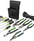 12 Piece Electrician Tool Kit with electrical and telecomm tools including pliers, screwdrivers, measuring tape, and leather belt pouch.