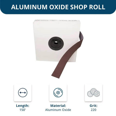One And A Half Inch By One Hundred Fifty Foot Emery Cloth Sandpaper Shop Roll For Hand Sanding Wood Furniture Metal Polishing And Finishing 220 Grit Aluminum Oxide Abrasive