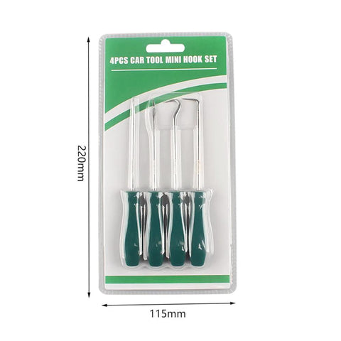 Front view of a 4-piece oil seal puller kit with green-handled extractors in a blister pack