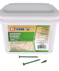 Heavy Duty Deck Screws No 9 By 3 Inch Tough As Nails Polymer Coated Fasteners displayed in a white container with screws visible.