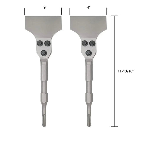 Six Piece SDS Plus Floor Scraper Set with alloy hammer drill chisel bits, shown in 3" and 4" sizes with dimensions for tile removal.