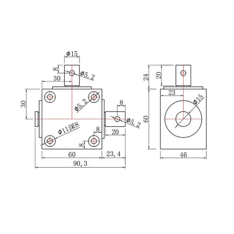 Front and side views of a horizontal right-angle gearbox with 1.5 module, 90° drive, 1:1 ratio, three 15mm output shafts.