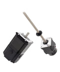 Front and side views of two black NEMA stepper motors with metal lead screws and mounting flanges.