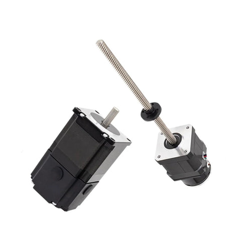 Front and side views of two black NEMA stepper motors with metal lead screws and mounting flanges.