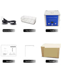 Components of the 10L Ultrasonic Cleaner Bath With Heat And Degas Features, including tank, basket, manual, and power cord.