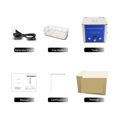 10L Ultrasonic Cleaner For Lab And Medical Use Degassing Bath With Adjustable 240W Power Stainless Steel Tank accessories including free basket, manual, and power cable.