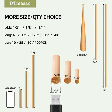 Top Shelf 1/4 Inch Bamboo Dowel Rods 17.5 Inches Long Unfinished Craft Sticks Paintable Wood Bars displayed in various lengths.