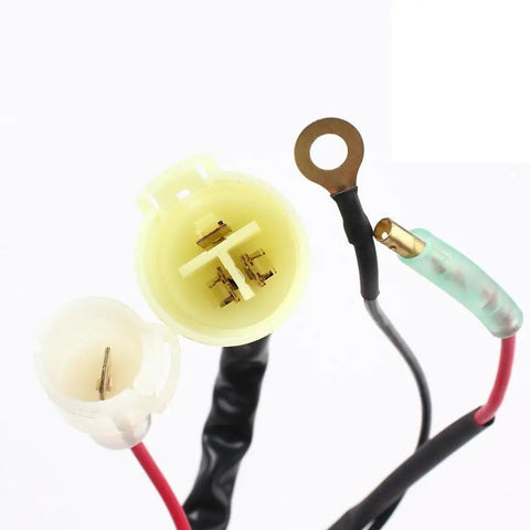 Close-up of Bike Voltage Rectifier And Regulator For Your Motorcycle Charging System High Efficiency Synchronous Rectifier wires.