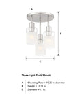 Dimensions of Cedar Lane 3-Light Semi Flush Mount Ceiling Light Dope Brushed Nickel 11 Inch Indoor Fixture with etched glass shade.
