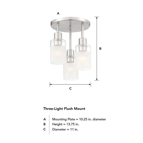 Dimensions of Cedar Lane 3-Light Semi Flush Mount Ceiling Light Dope Brushed Nickel 11 Inch Indoor Fixture with etched glass shade.