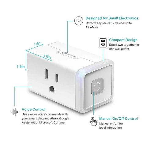 Smart WiFi Plug Outlet That Lets You Control Lamps And Gadgets From Anywhere With Hands Free Voice Control Via Alexa Google Home And IFTTT No Hub Required Remote Control Scheduling 15 Amp UL Certified 4-Pack White. Close-up with dimensions and features labeled.