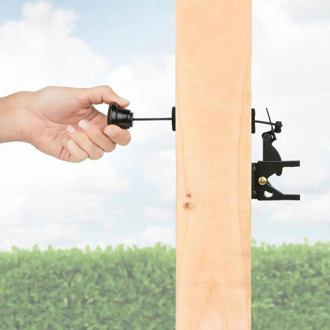 Spring Loaded Gate Latch Cable Pull For Outdoor Fence Gates With WeatherGuard Rust Resistant Finish Black Installed on Post