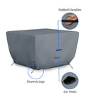 Tough Outdoor Square Fire Pit Cover 30 Inch by 30 Inch 12 Oz PVC Coated Polyester Waterproof Weather Resistant UV Protected Drawstring Closure Gray with padded handles and air vents, ideal for patio lawn garden backyard.