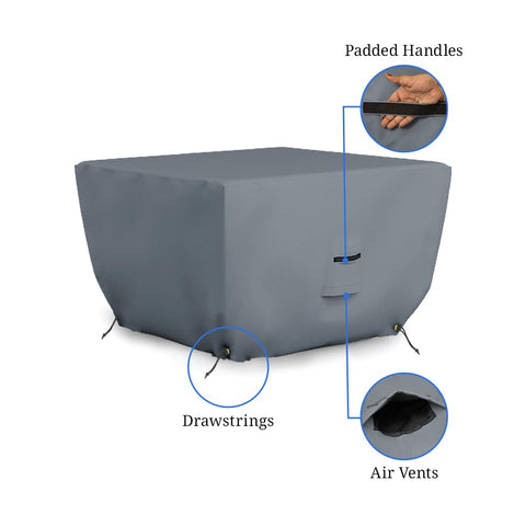 Tough Outdoor Square Fire Pit Cover 30 Inch by 30 Inch 12 Oz PVC Coated Polyester Waterproof Weather Resistant UV Protected Drawstring Closure Gray with padded handles and air vents, ideal for patio lawn garden backyard.