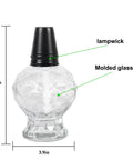 Four Pack Clear Glass Table Top Torches For Outdoors Mini Citronella Lanterns Easy Refill Lit Patio Yard Party Lighting Garden Ambiance For Nighttime Entertaining, single molded glass torch with lampwick, dimensions marked.