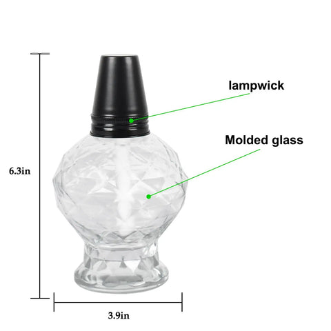 Four Pack Clear Glass Table Top Torches For Outdoors Mini Citronella Lanterns Easy Refill Lit Patio Yard Party Lighting Garden Ambiance For Nighttime Entertaining, single molded glass torch with lampwick, dimensions marked.