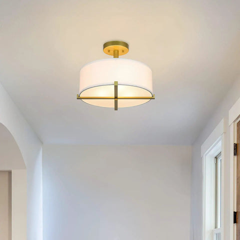 Gold Brass Drum Ceiling Light Fixture With Fabric Shade Modern Semi Flush Mount Three Light Fixture For Living Room