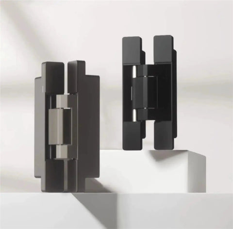 Heavy Duty Invisible Door Hinge Featuring Zero Drama Self Closing Hydraulic Buffer And Hella Smooth Auto Damper, black finish.