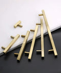 Big Time Upgrade Slick Brushed Gold Drawer Pulls 25 Pack Square T Bar Cabinet Handles For Kitchen And Closet Cupboards 3 Inch Hole Center Heavy Duty Hardware Set displayed in various sizes.