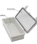 Tough As Nails IP65 Waterproof Junction Box With Slick Hinged Clear Cover Rugged ABS Enclosure, open view showing dimensions.
