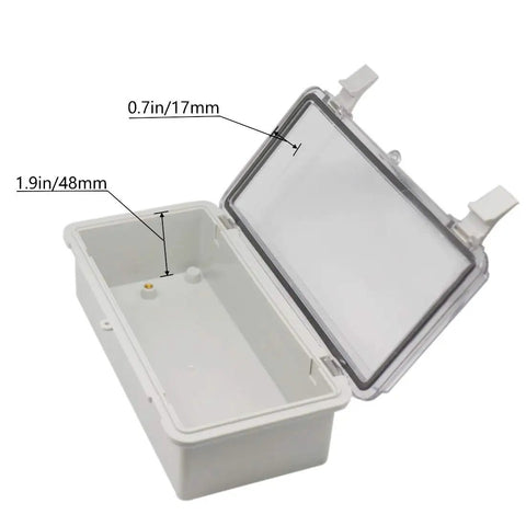 Tough As Nails IP65 Waterproof Junction Box With Slick Hinged Clear Cover Rugged ABS Enclosure, open view showing dimensions.