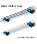 Premium Rockler Dust Right 4 Inch Hose Cradles with heavy duty ABS clamps holding flexible dust hose and PVC pipe.