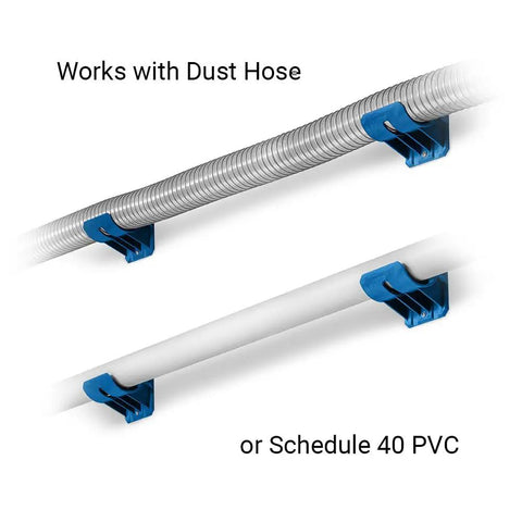 Premium Rockler Dust Right 4 Inch Hose Cradles with heavy duty ABS clamps holding flexible dust hose and PVC pipe.