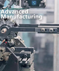 Close-up of machinery in an advanced manufacturing process, featuring a metal component being manipulated by robotic arms.