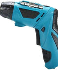 Drop Dead Easy Lithium Ion Cordless Hammer Drill And Impact Driver Workhorse Kit With Rapid Charger And Tough Tote Bag For Wood Metal Stone And All Your Sunday Projects blue cordless drill with rubber grip side view